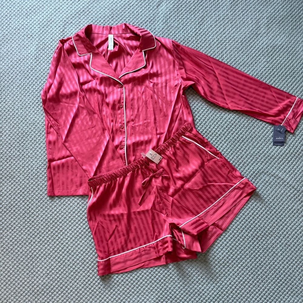 Auden Satin Stripe Two-Piece Pajama Set - Hot Pink with White Stripes
